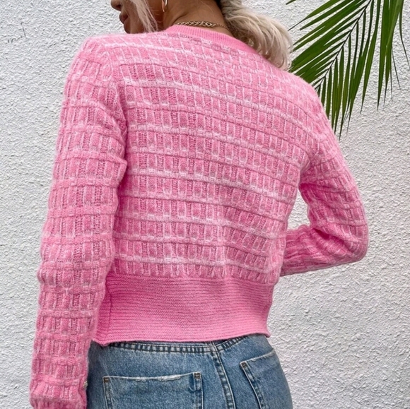 New Chic Tweed Knit Button Up Crop Cardigan Sweater Top Jacket Barbie Pink White - Picture 4 of 7